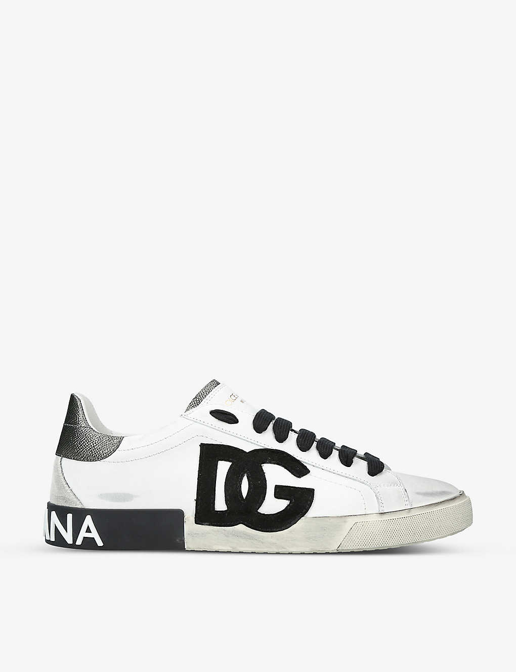 Dolce & Gabbana Portofino Vintage Logo-embossed Leather Low-top Trainers In White/blk