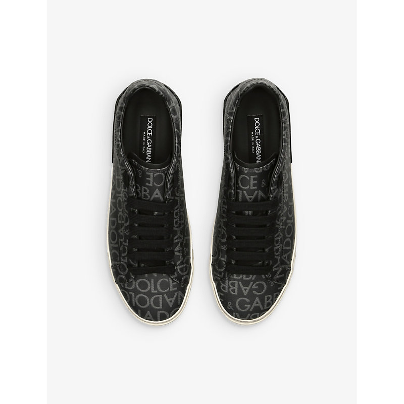 Shop Dolce & Gabbana Vintage Repeat Branded Cotton-canvas Low-top Trainers In Black