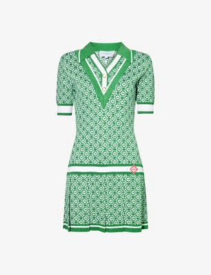 CASABLANCA CASABLANCA WOMEN'S GREEN LOGO-PRINT V-NECK KNITTED MINI DRESS