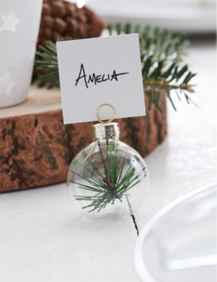 Let it Snow bauble and sprig glass place card holders set of six