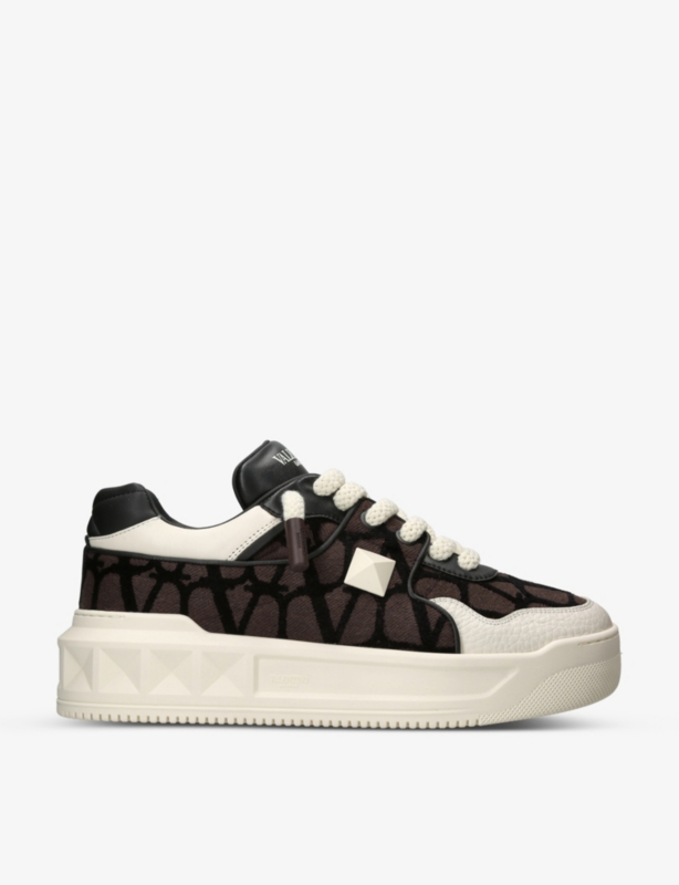 One Stud brand-embossed leather and canvas low-top trainers