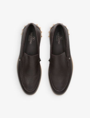 Shop Valentino Garavani Men's Brown Stud Contrasting-sole Grained-leather Loafers