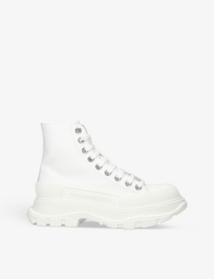 Shop Alexander Mcqueen Women's Winter Wht Tread Slick Canvas Ankle Boots In White