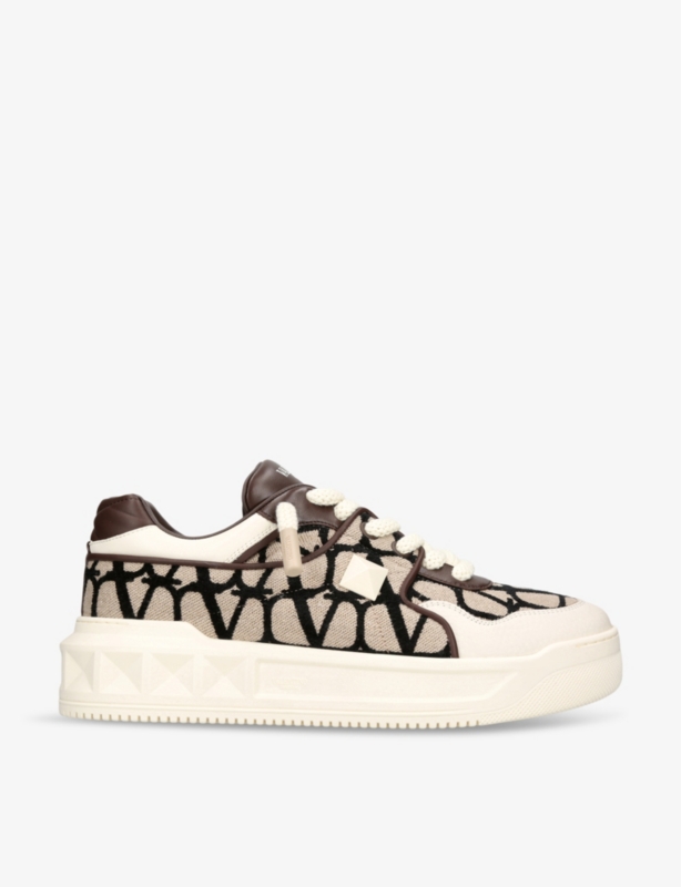 One Stud Branded Leather and Canvas Low-Top Trainers