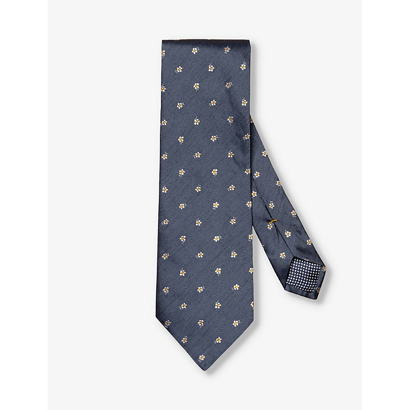 Eton Mens Navy Blue Patterned Silk And Linen Tie