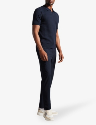Shop Ted Baker Botany Striped-knit Cotton-blend Polo Shirt In Navy
