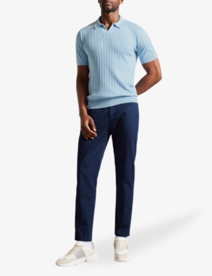 Shop Ted Baker Men's Sky-blue Botany Striped-knit Cotton-blend Polo Shirt