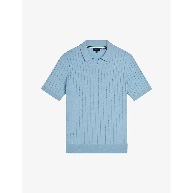 Ted Baker Mens Sky-blue Botany Striped-knit Cotton-blend Polo Shirt