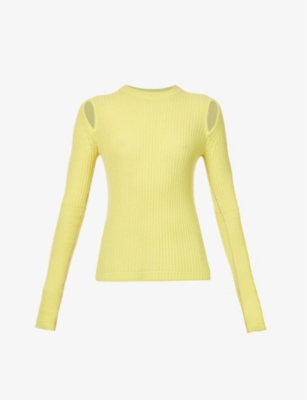 MARIA MCMANUS MARIA MCMANUS WOMENS LEMON ICE/ CREMA CUT-OUT RIBBED RECYCLED-CASHMERE AND ORGANIC-COTTON BLEND TOP,68083114