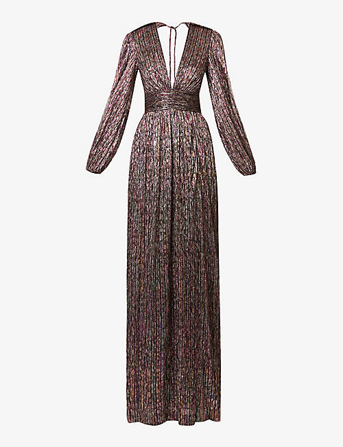 REBECCA VALLANCE: Claude metallic ruffle-trim woven maxi dress
