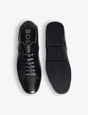 Hugo Boss Boss Mens Black Logo-emed Lace-up Leather Low-top Trainers In Black