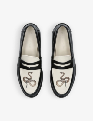 Shop Duke & Dexter Mens Blk/white Wilde Snake-graphic Print Leather Penny Loafers