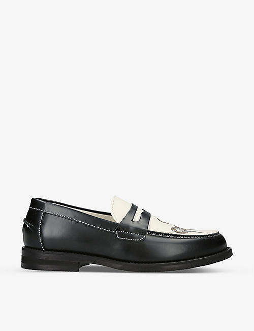 DUKE & DEXTER: Wilde snake-graphic print leather penny loafers