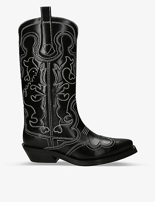 GANNI: Mid Shaft embroidered calf-length leather cowboy boots