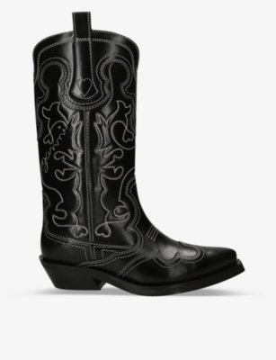 Ganni Mid Shaft Embroidered Calf-length Leather Cowboy Boots In Black