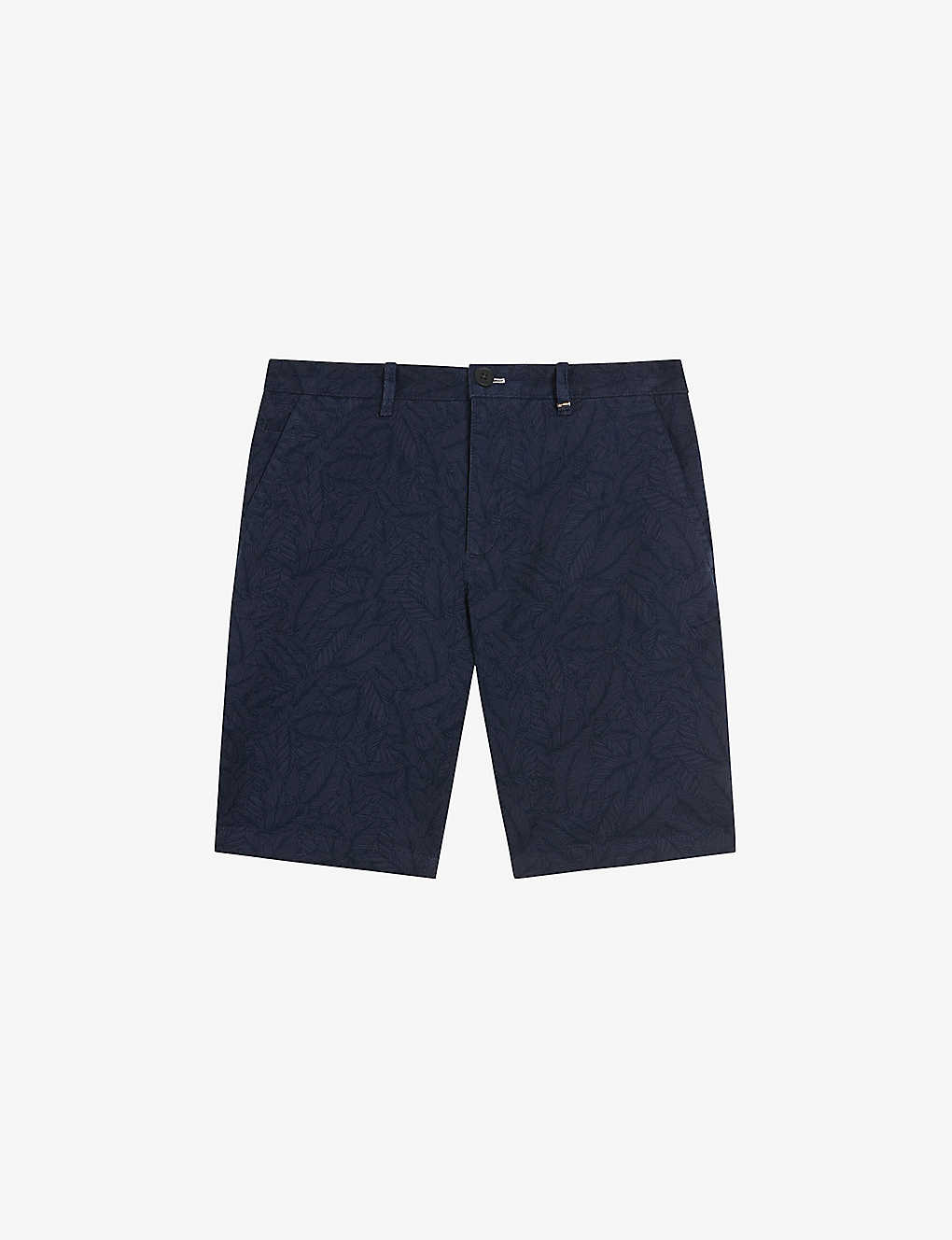 Ted Baker Mens Navy Pinna Leaf-print Recycled Stretch-cotton Shorts In Blue
