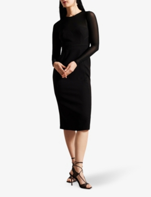 Shop Ted Baker Women's Black Ivylou Mesh-panelled Stretch-woven Midi Dress