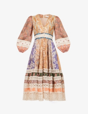 ZIMMERMANN ZIMMERMANN WOMENS SPLICED PAISLEY DEVI PAISLEY-PATTERNED BRODERIE-TRIM REGULAR-FIT LINEN MIDI DRESS,68166510