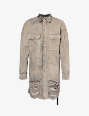 Rick Owens Frayed Distressed-effect Denim Jacket In Mineral Fringed