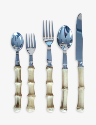 Les Ottomans Natural Bamboo Five-piece Ceramic Cutlery Set In Natural