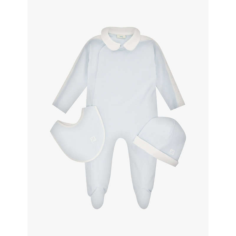 Fendi Blue Baby Logo-print Three-piece Cotton-jersey Babygrow Set 3-9 Months