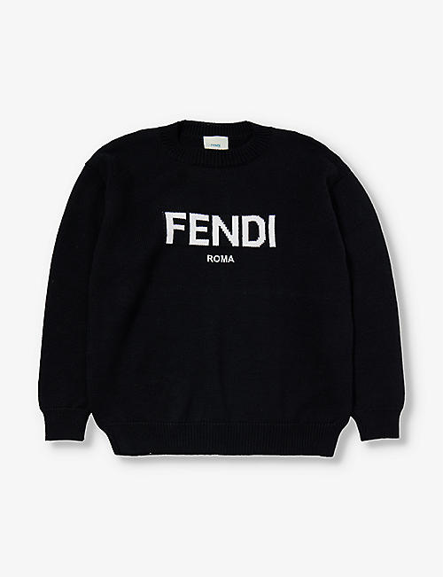 FENDI: Logo text-print wool jumper 8-12 years