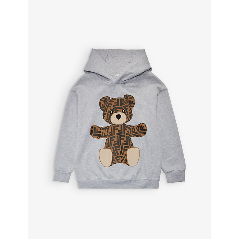 Fendi Boys Grey Melange Kids Ff Bear-print Cotton-jersey Hoody 4-12 Years