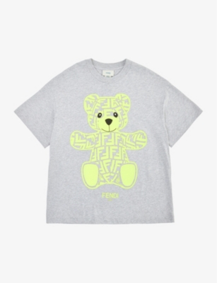 FENDI FENDI BOYS GRI MELANG+GIAL FLUO KIDS LOGO BEAR-PRINT COTTON-JERSEY T-SHIRT 8-12 YEARS,68187089