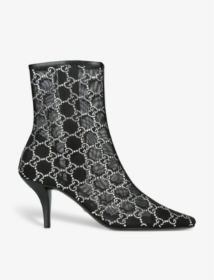 GUCCI GUCCI WOMEN'S BLACK TOM CRYSTAL-EMBELLISHED MESH HEELED ANKLE BOOTS
