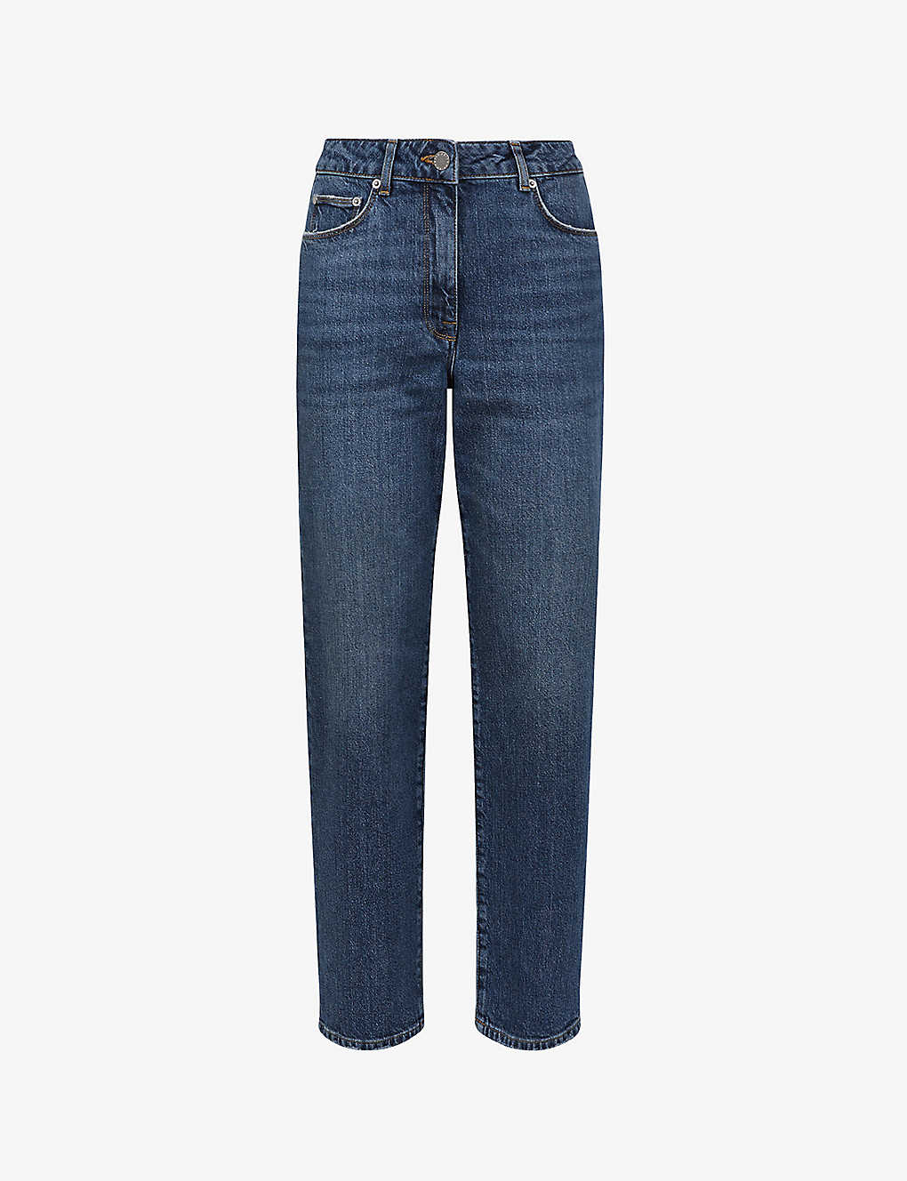 Shop Reiss Women's Mid Blue Selin Cropped Straight-leg Mid-rise Stretch-denim Jeans
