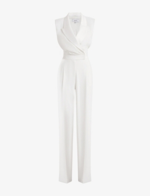 Reiss Saskia Shawl-lapel Straight-leg Woven Jumpsuit In Ivory