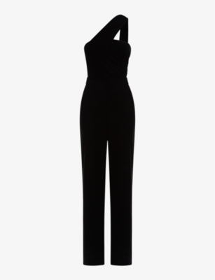 REISS REISS WOMEN'S BLACK WINTER ONE-SHOULDER STRETCH-VELVET JUMPSUIT