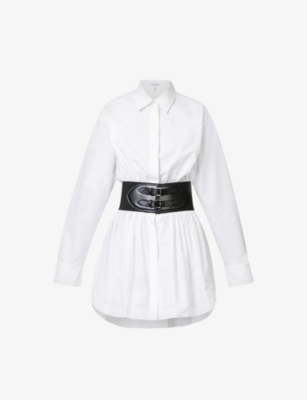 ALAÏA ALAIA WOMEN'S BLANC BELTED CONTRAST-PANEL COTTON SHIRT,68293704