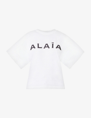Alaïa Brand-print Ribbed-trim Cotton-jersey T-shirt In Blanc Noir