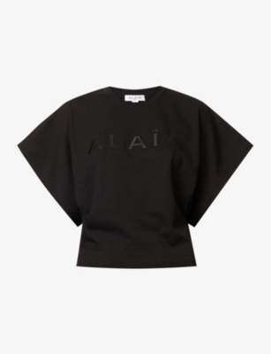 Alaïa Brand-print Ribbed-trim Cotton-jersey T-shirt In Noirnoir