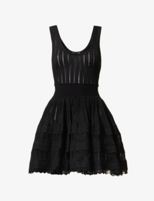 Alaïa Scoop Neck Elastic Waist Ribbed Skater Dress In Noir Alaia