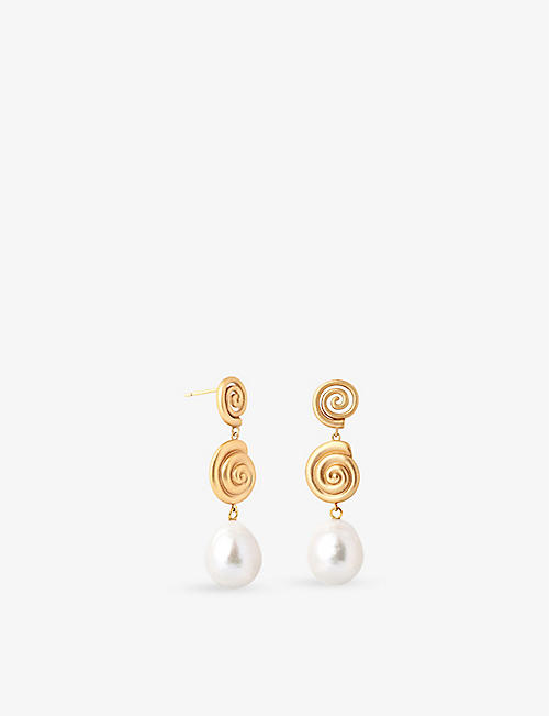ASTRID & MIYU: Shell 18ct yellow gold-plated recycled sterling-silver and pearl drop earrings