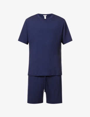 EBERJEY EBERJEY MEN'S TRUE NAVY HENRY SHORT-SLEEVED STRETCH-JERSEY PYJAMA SET,68305162