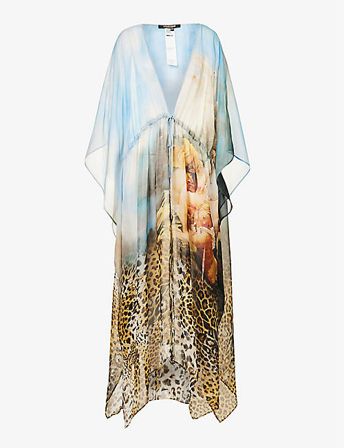 ROBERTO CAVALLI: Graphic-print V-neck silk maxi dress