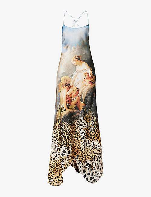 ROBERTO CAVALLI: Graphic-print sleeveless silk maxi dress