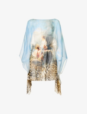 ROBERTO CAVALLI: Graphic-pattern semi-sheer silk top