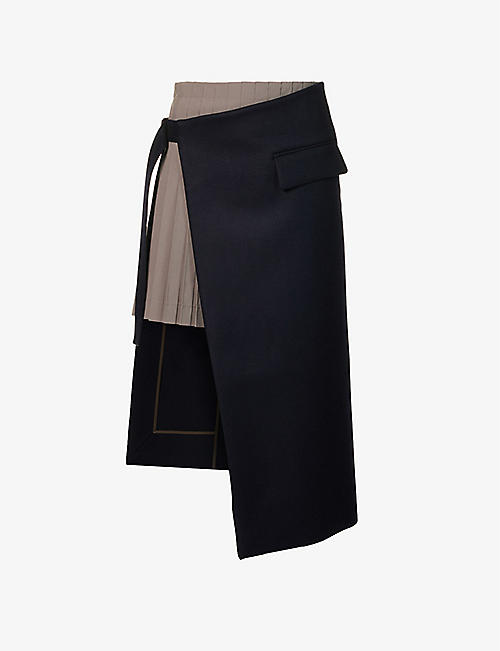 SACAI: Contrast-panel pleated wool midi skirt