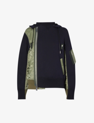 SACAI: Contrast-panel ribbed-trim cotton-blend hoody