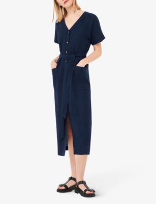 Shop Whistles Women's Navy Button-fastened Belted Linen Midi Dress