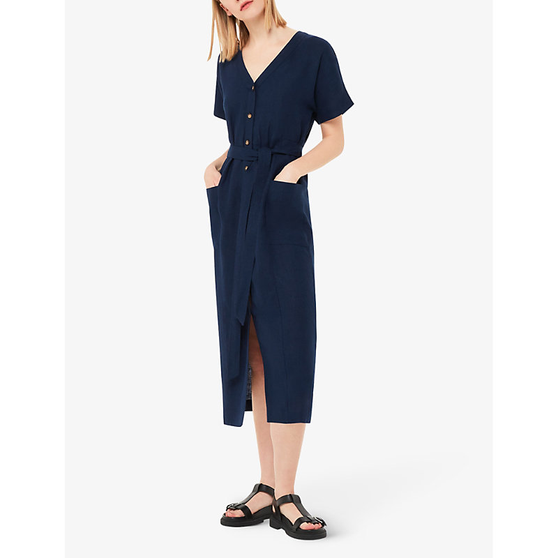Shop Whistles Button-fastened Belted Linen Midi Dress In Navy