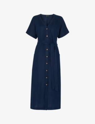 WHISTLES Button fastened belted linen midi dress Selfridges