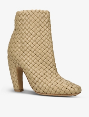 Shop Bottega Veneta Womens Beige Canalazzo Intrecciato-weave Leather Heeled Ankle Boots