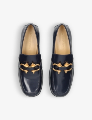 Shop Bottega Veneta Women's Navy Madame Horsebit-embellished Leather Loafers