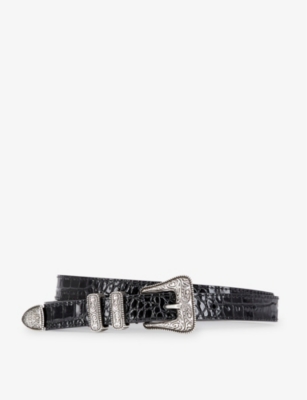 The Kooples Lizard-embossed Engraved-buckle Leather Belt In Black
