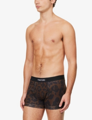 Tom Ford Velvet-trimmed Leopard-print Stretch-silk Boxer Shorts In Light Brown